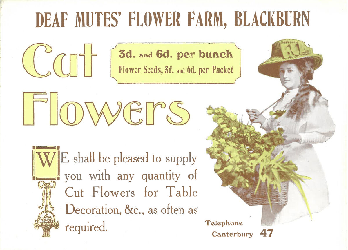 Deaf Mutes' Flower Farm, Blackburn, cut flowers advertising card