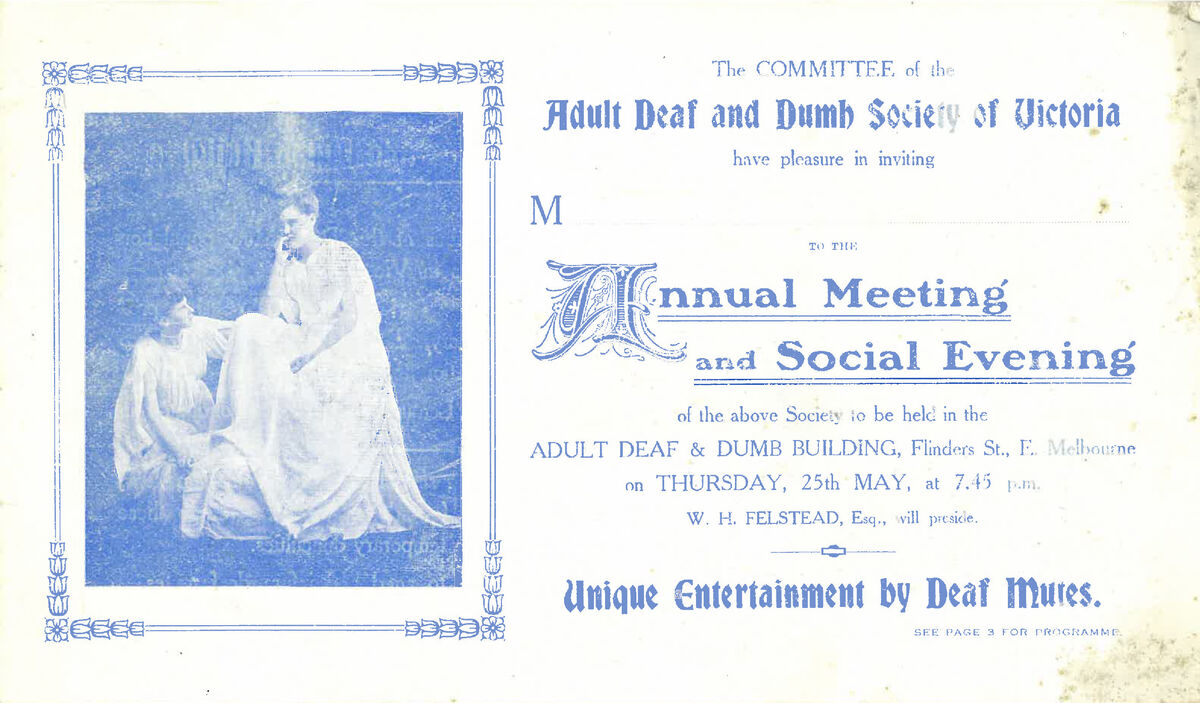 Adult Deaf and Dumb Society of Victoria, invitation to Annual Meeting and Social Evening (circa early 1900s)