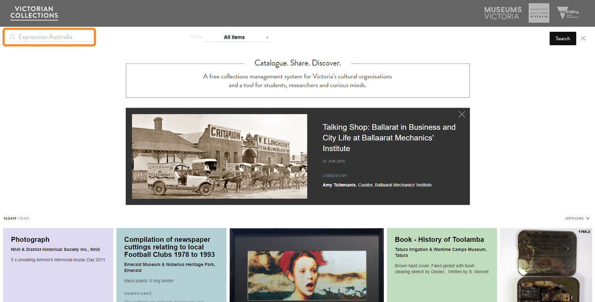 Step 2: Screenshot showing where the search function is on Victorian Collections website