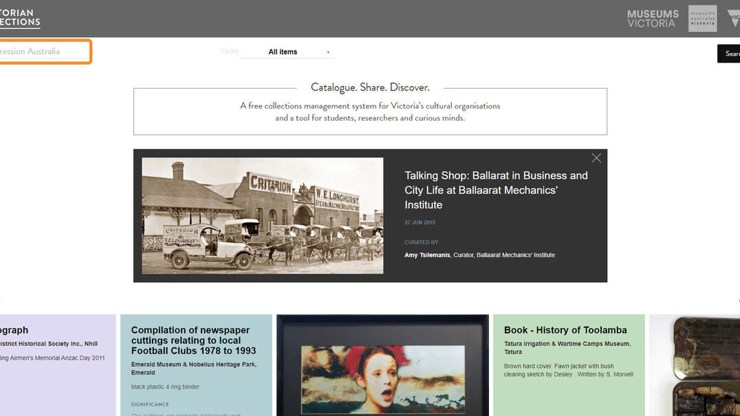 Step 2: Screenshot showing where the search function is on Victorian Collections website
